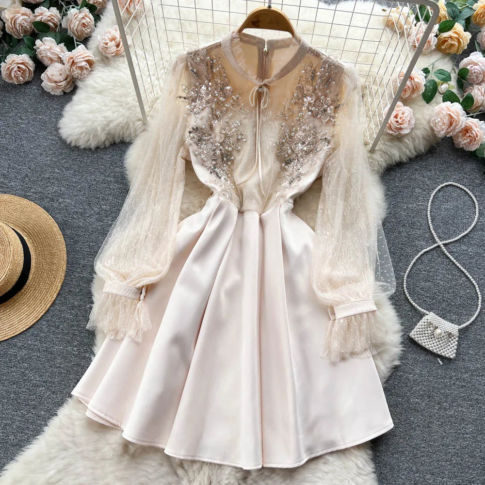 Elegant A-Line Mesh Dress with Long Sleeves for Women - Image 25