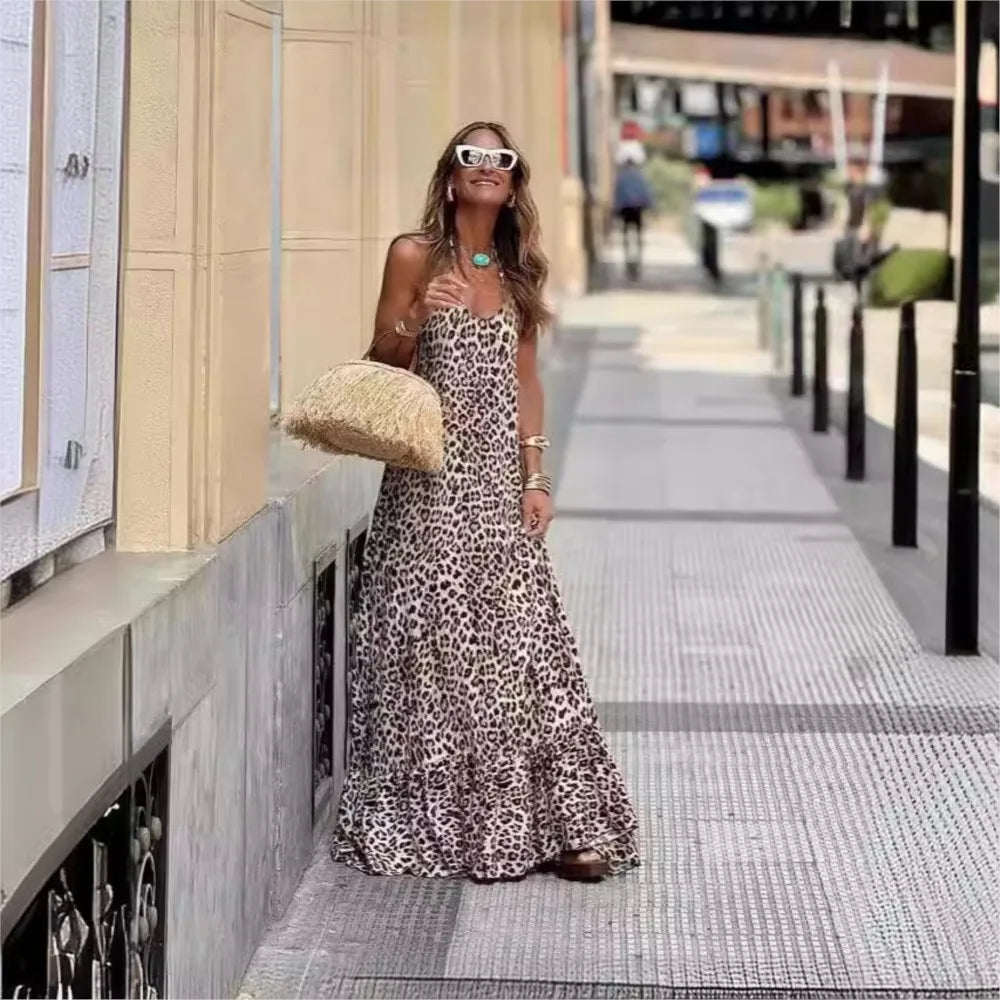 Leopard Print Sleeveless Ruffle Maxi Dress for Women - Image 3