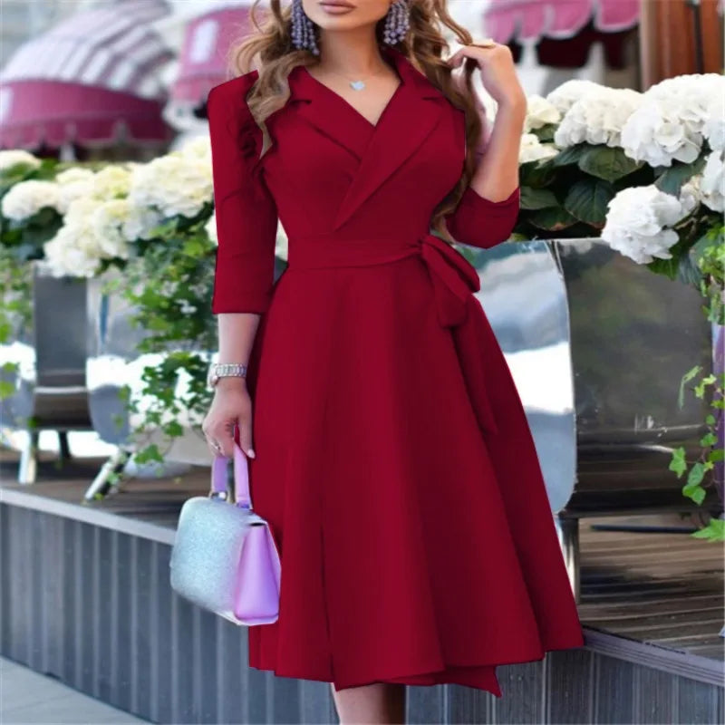 V-Neck Tie Waist Midi Dress - Stylish & Versatile - Image 3
