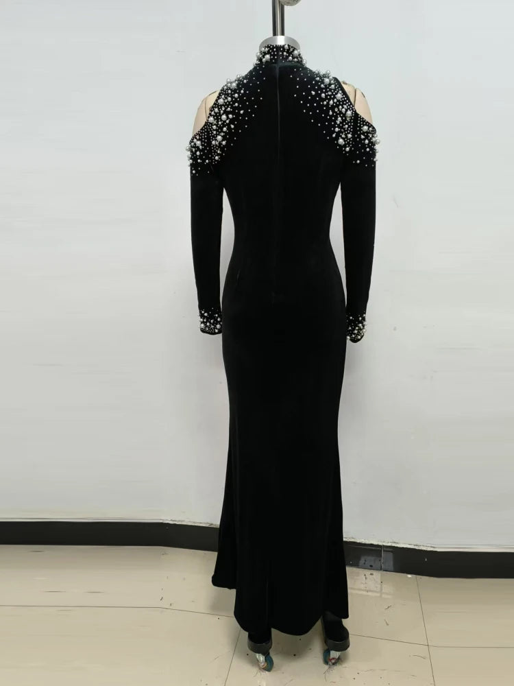 Elegant Off-Shoulder Black Velvet Beaded Evening Dress - Image 13