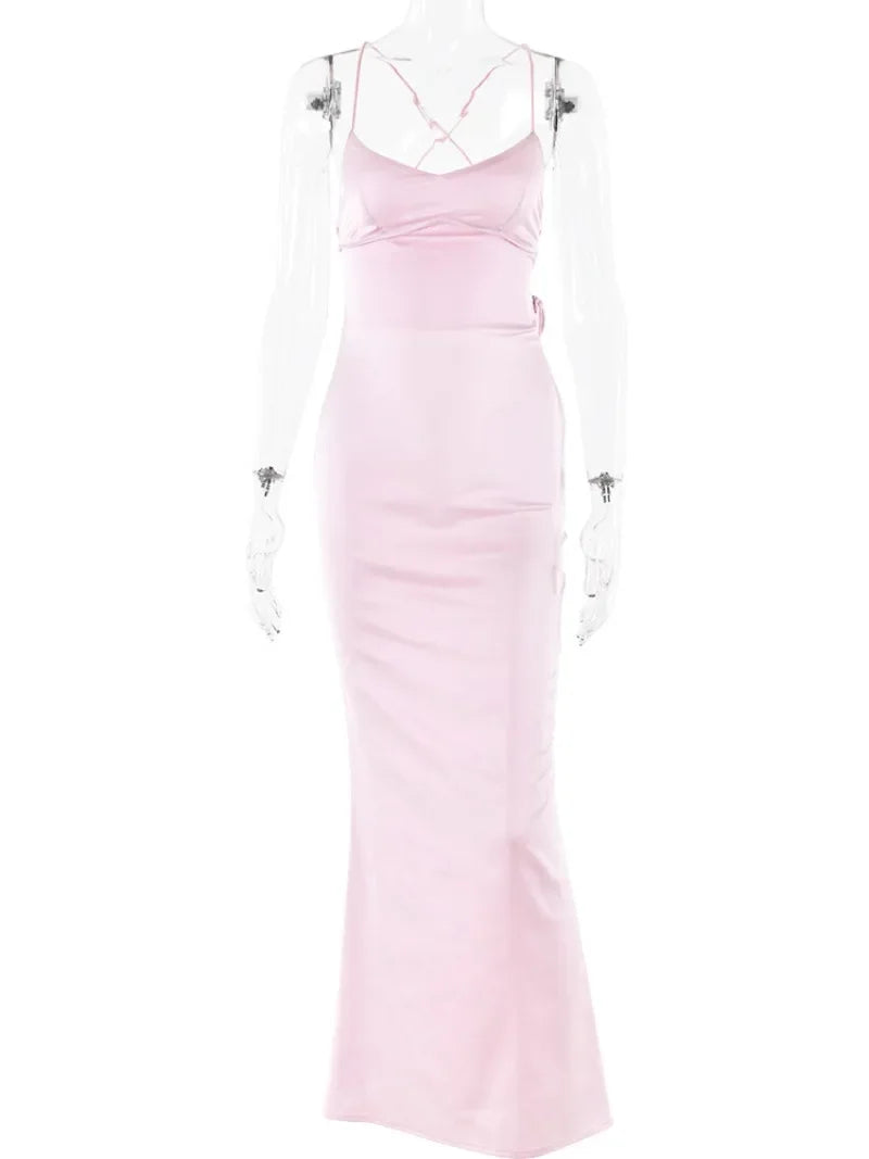 Elegant Backless Satin Spaghetti Strap Evening Dress - Pink - Image 7