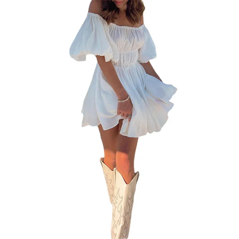 Elegant Off-Shoulder Puff Sleeve Summer Dress in Solid Colors - Image 9