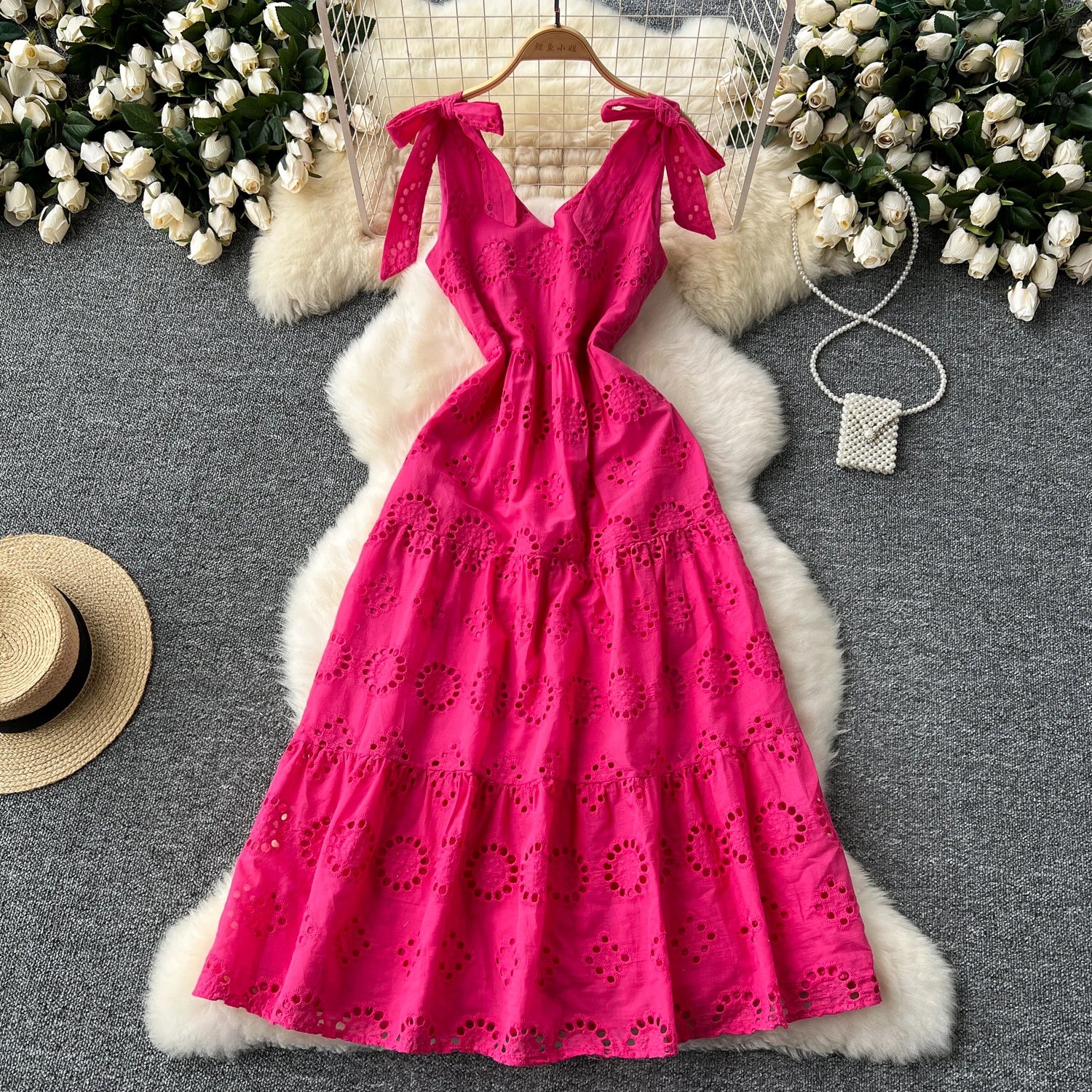 Chic A-Line Summer Slip Dress with Embroidery Bow