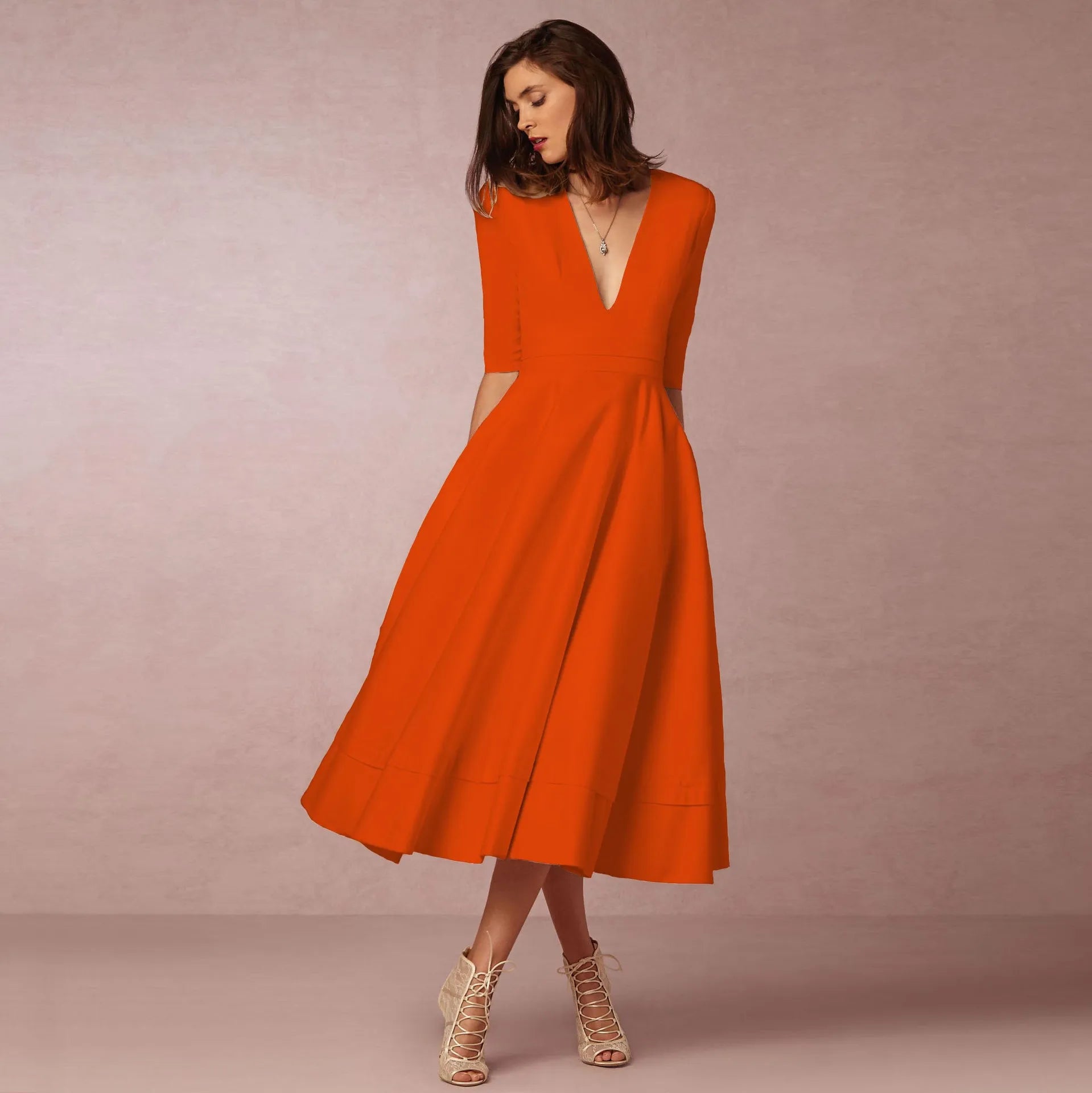 Elegant Solid Color A-line Evening Dress with Deep V-neck - Image 34