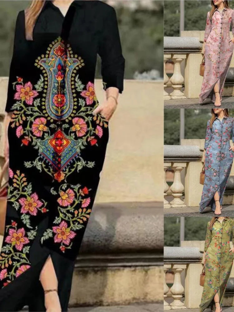 Vintage Floral Maxi Shirt Dress with Pockets - Autumn Style - Image 6