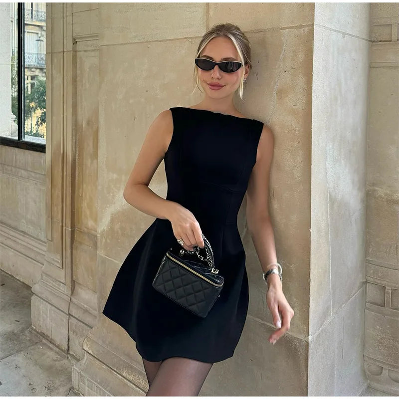 Chic Backless Solid Mini Dress for Women - Sleeveless A-Line Style - Image 15