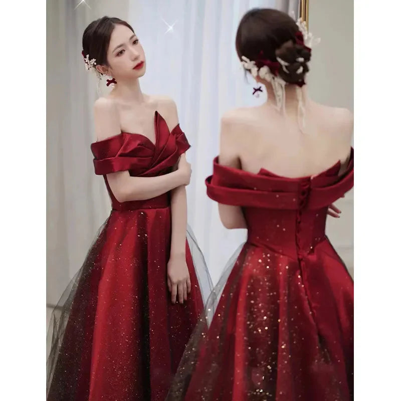 Elegant One-Shoulder Red Satin Wedding & Engagement Dress - Image 6
