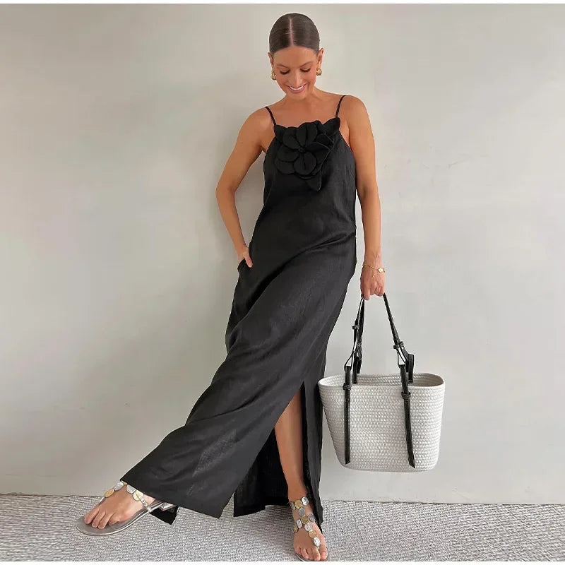 Elegant Cotton Linen Split Maxi Dress with 3D Flowers - Image 22