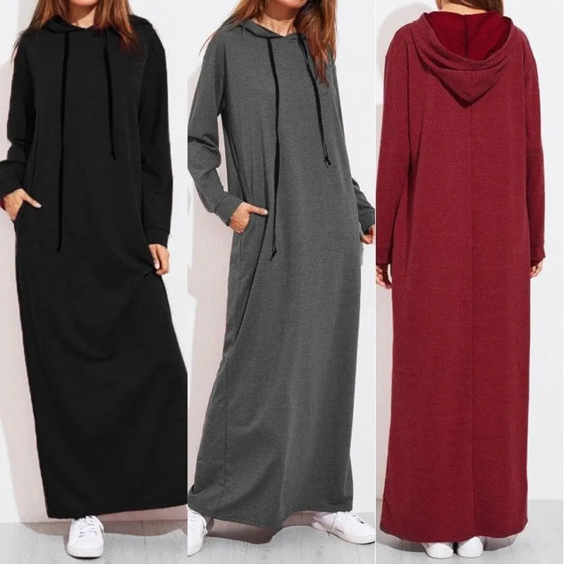 Elegant Black Long Sleeve Hooded Sweatshirt Dress for Women - Image 8