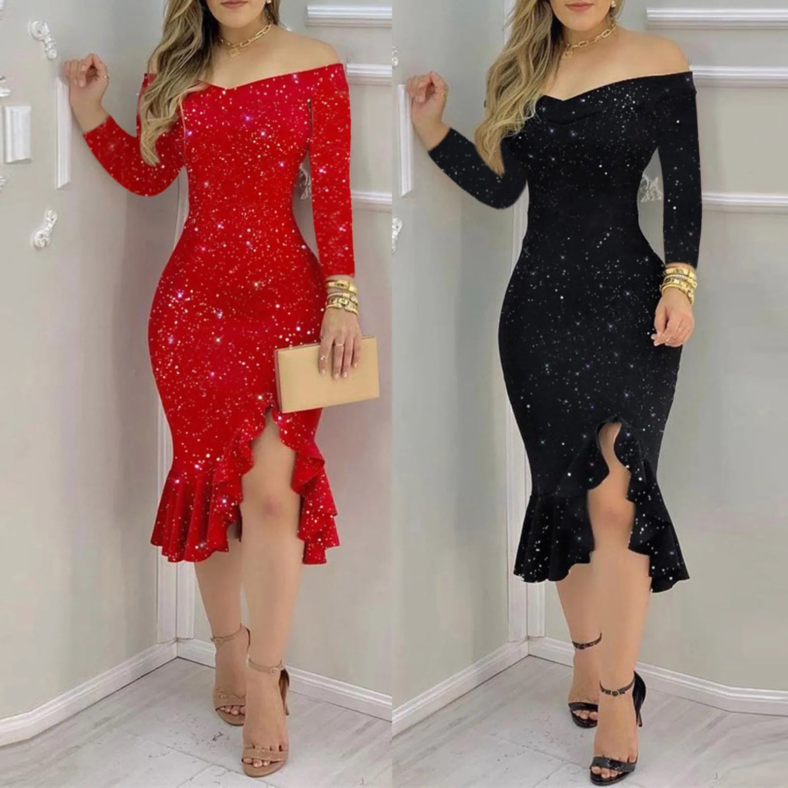 Elegant Off Shoulder Ruffle Bodycon Evening Dress - Image 7
