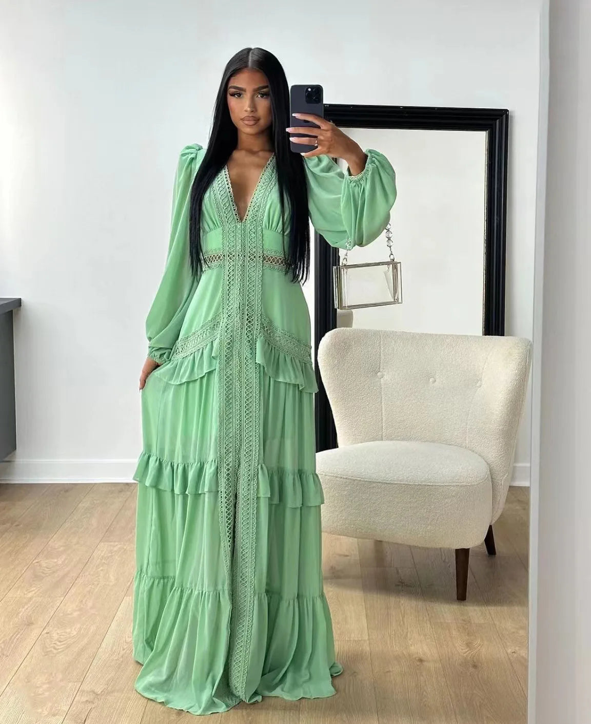 Women's Long Sleeve V-Neck Maxi Dress for Parties - Image 4