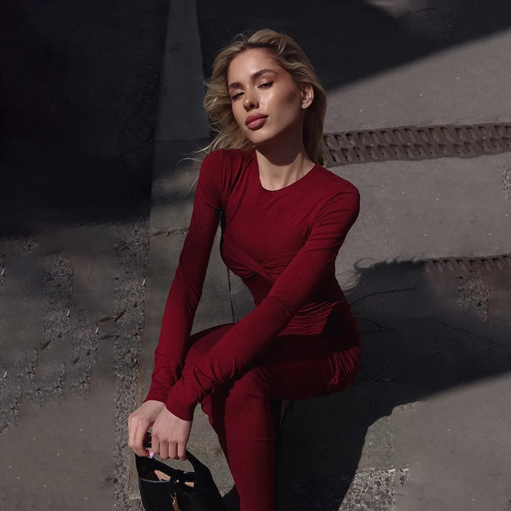 Elegant Pleated Long Sleeve Slim Fit Dress for Women - Image 3