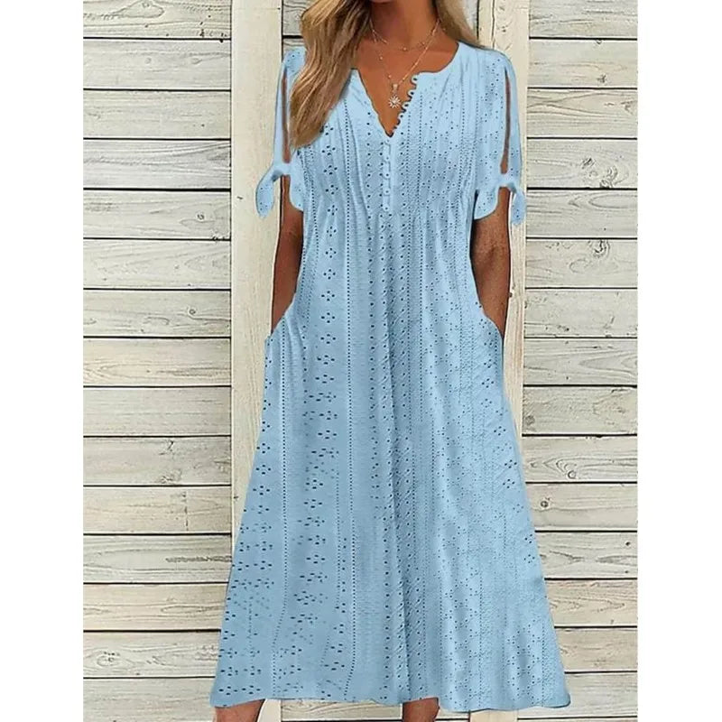 Chic Hollow Out V-Neck Lace Ruffle Long Summer Dress - Image 4