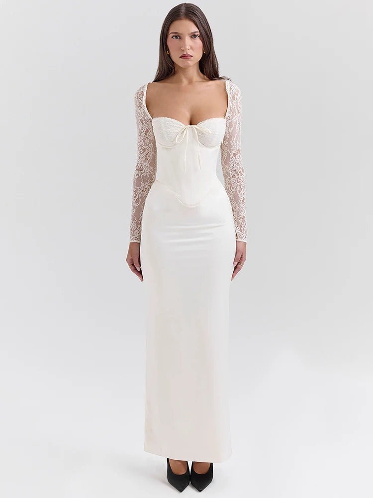 White Backless Lace Maxi Dress with Square Collar - Image 5