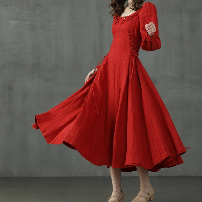90s Vintage Red Long Sleeve A-Line Dress for Women - Image 3