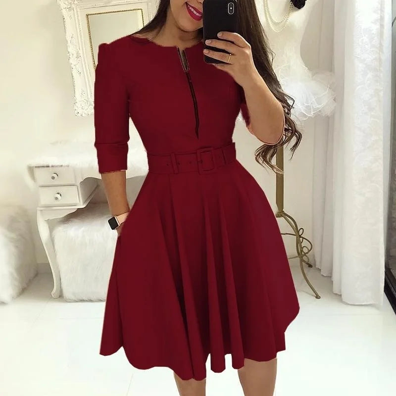 Chic Solid Half Sleeve Midi Dress for Elegant Women - Image 9