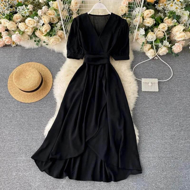 V-neck Solid Color Bubble Dress with Ruffle Edges - Image 6