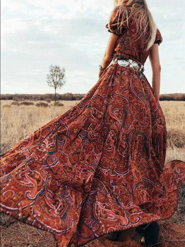 Boho Vintage Floral Chiffon Dress with Three-Quarter Sleeves - Image 28