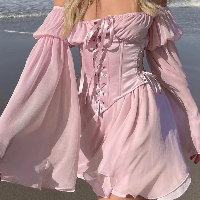 Chic Pink Chiffon Mini Dress with Puff Sleeves