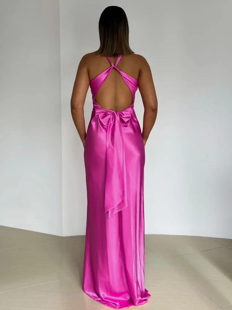 Elegant Satin Bodycon Dress with Deep V Backless Design - Image 7