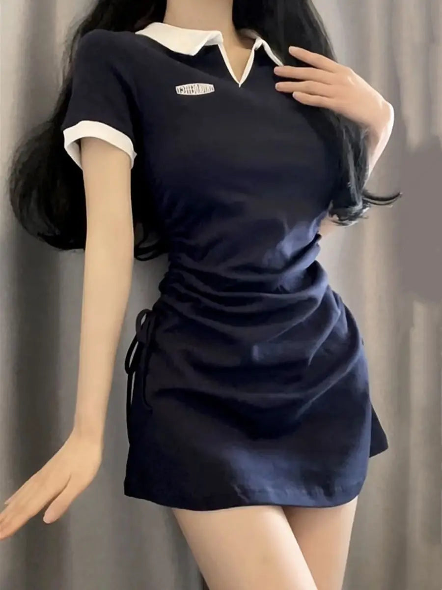 Trendy Summer Mini Dress with Drawstring and Collar - Image 12