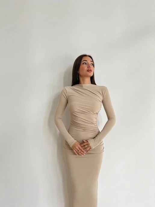 Elegant Slim Fit Slash Neck Long Sleeve Dress - Image 41