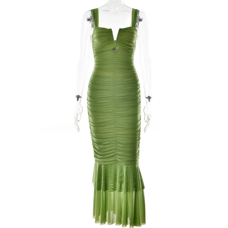 Elegant Spaghetti Strap Backless Ruched Maxi Dress for Women - Image 35