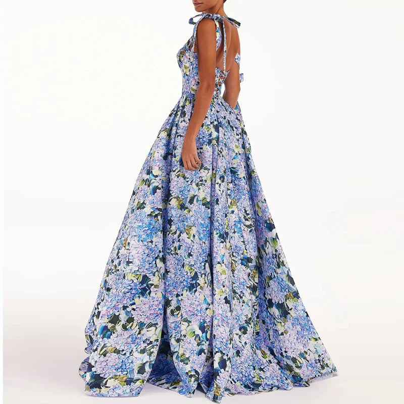 Floral Print Maxi Dress with Square Collar and Lace-up Detail - Image 4