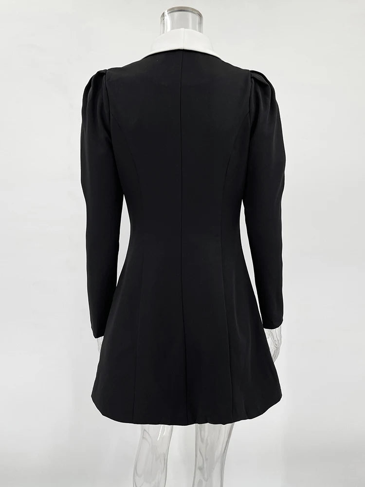 Elegant Contrast Color Double-Breasted Mini Dress for Office Wear - Image 13