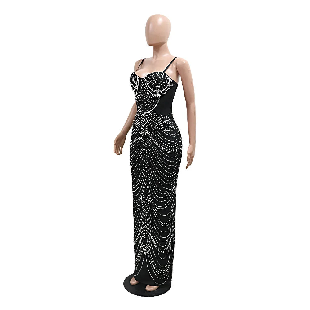 Sexy Strapless Maxi Dress with Rhinestones and Pearls - Image 9