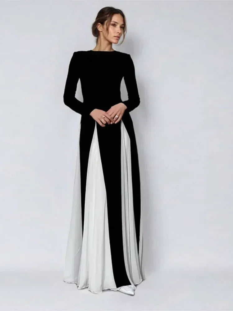 Elegant Black and White Patchwork Maxi Dress for Women - Image 5