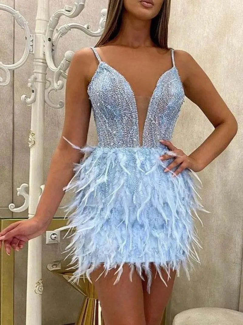 Autumn Sexy Feather Mini Gown - Sleeveless Slim Fit - Image 11