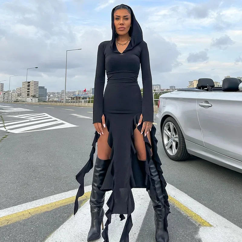 Elegant Hooded Maxi Dress with Ruffle Detail for Women - Image 18