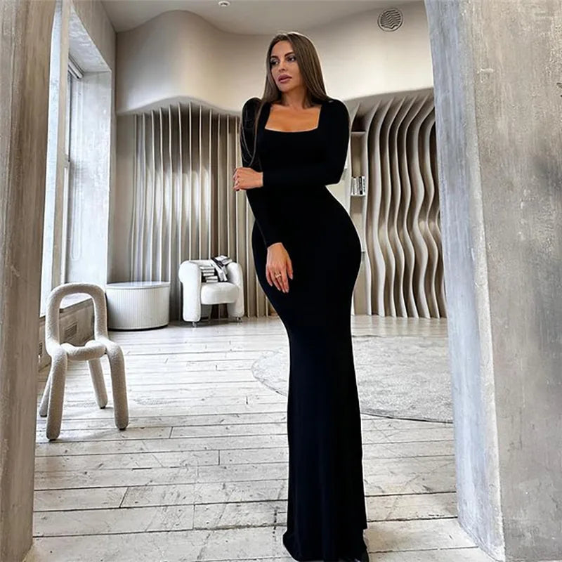 Chic Solid Color Bodycon Party Dress with Long Sleeves - Image 12