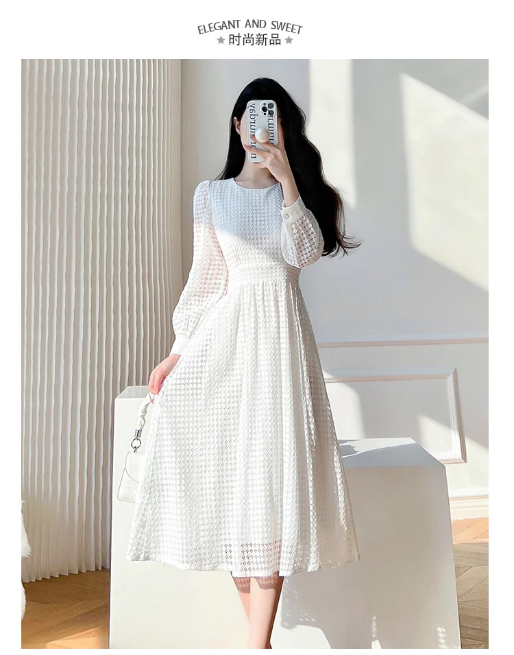 Elegant White Midi Dress with Lace Long Sleeves - Image 7