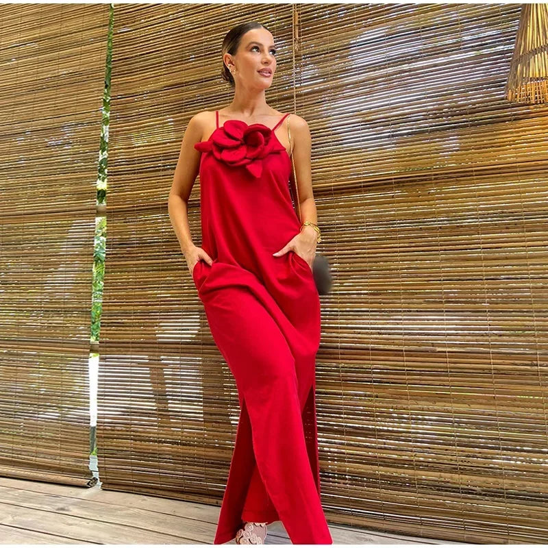 Elegant Cotton Linen Split Maxi Dress with 3D Flowers - Image 11