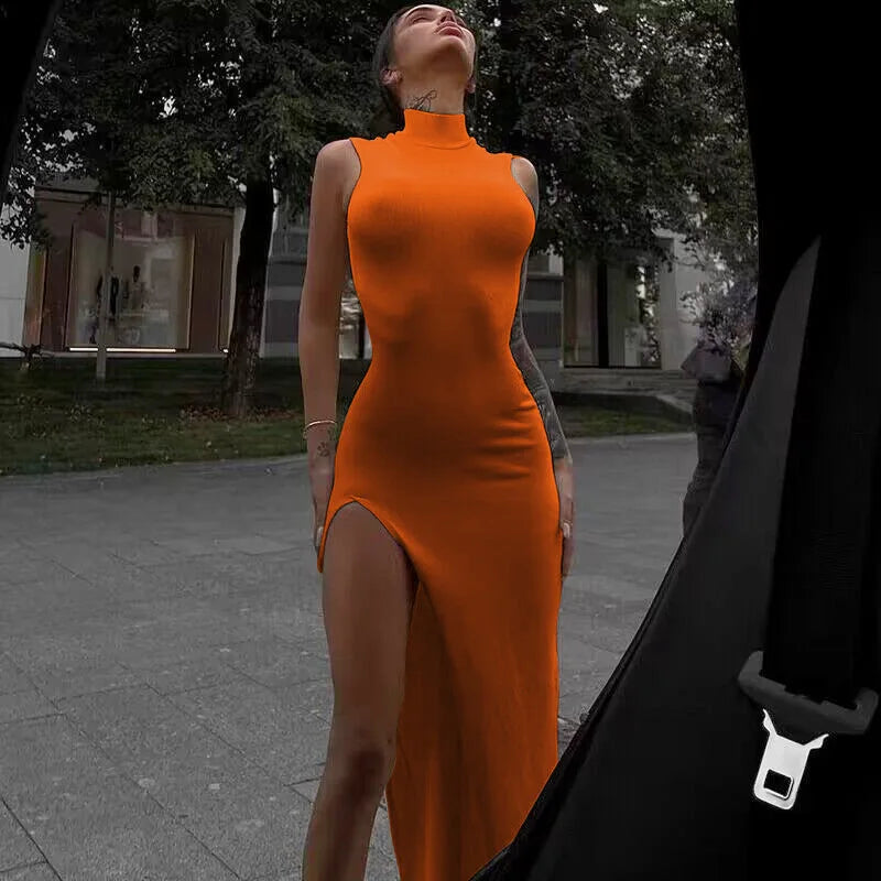 Elegant Orange Sleeveless Midi Dress with Side Slit
