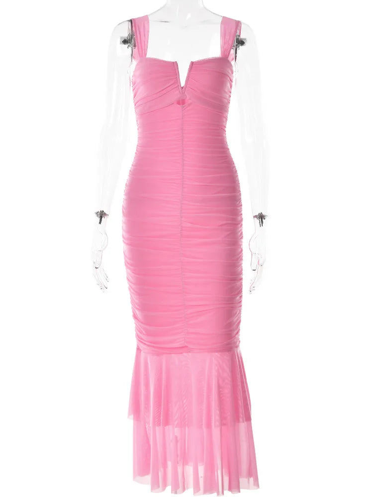 Elegant Spaghetti Strap Backless Ruched Maxi Dress for Women - Image 11