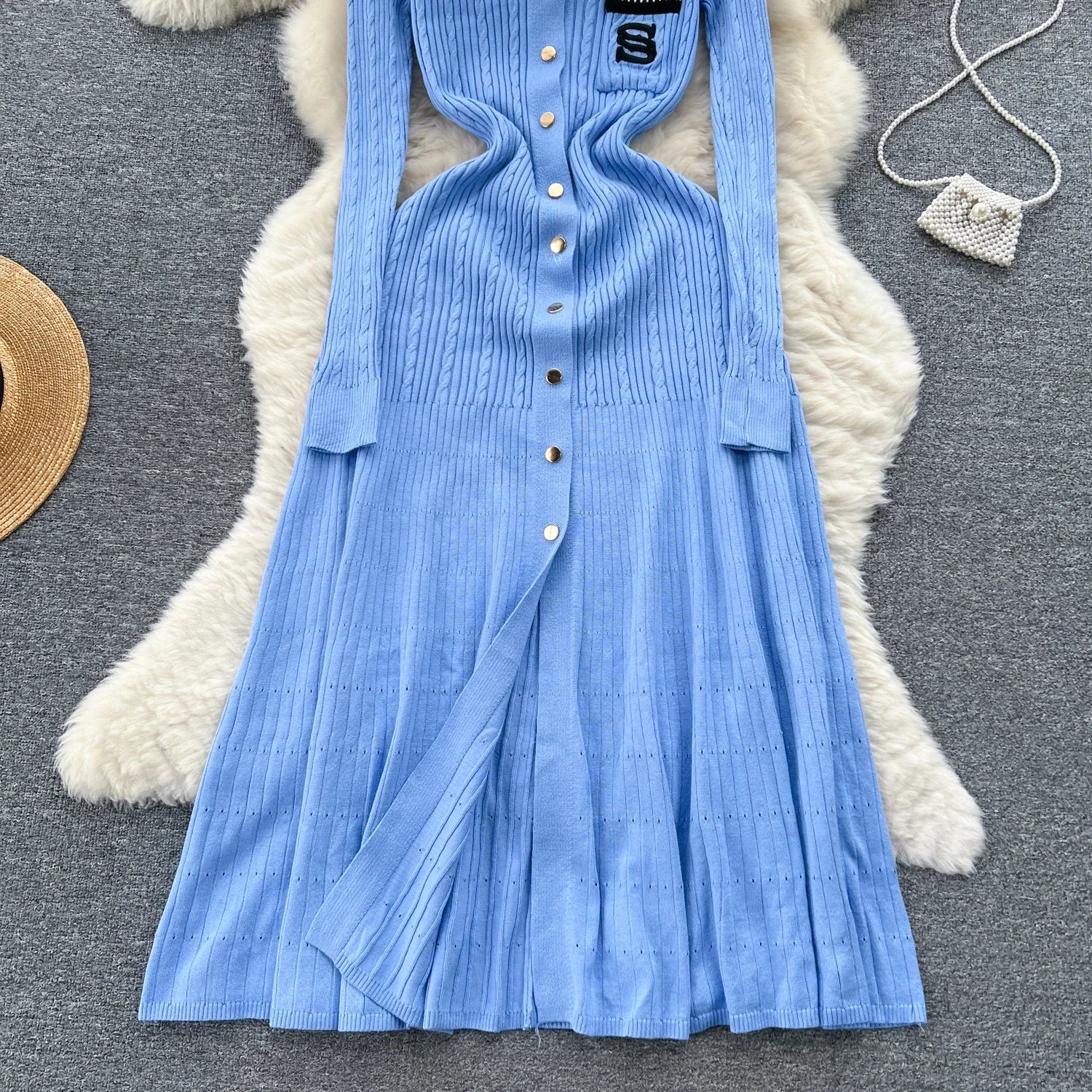 Elegant V-Neck Knitted Dress for Women - Long Sleeve A-Line - Image 39
