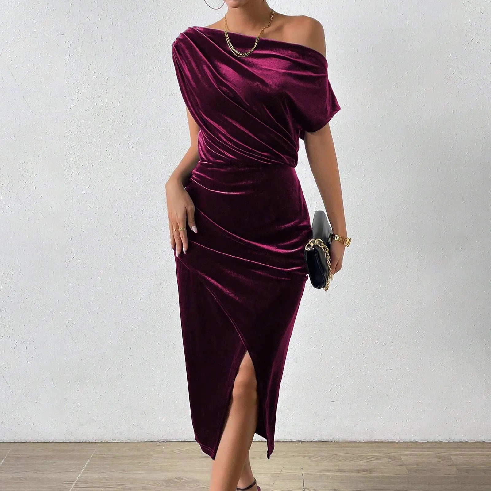 Elegant One-Shoulder Summer Dress with Velvet Skirt - Image 2