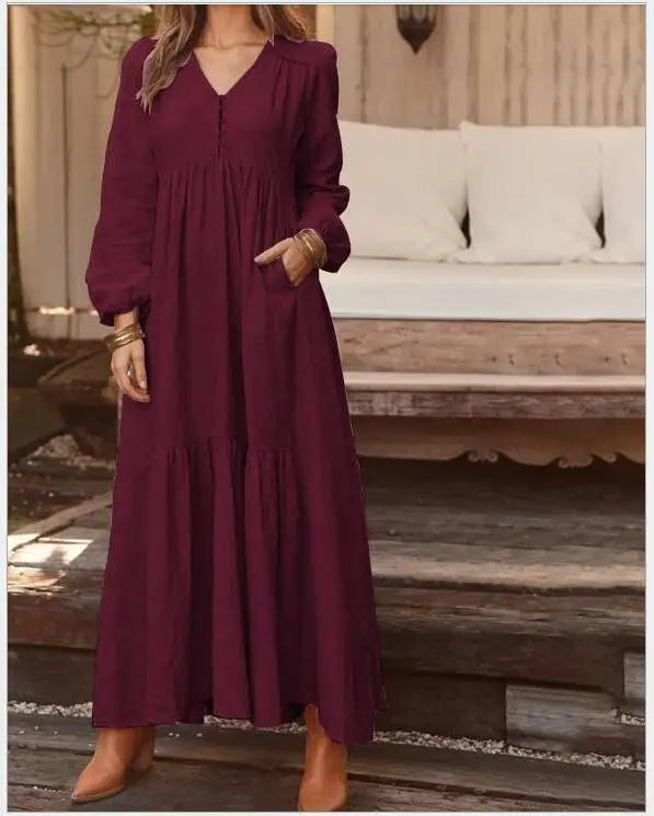 Elegant Vintage V-Neck Cotton-Linen Maxi Dress for Women - Image 16