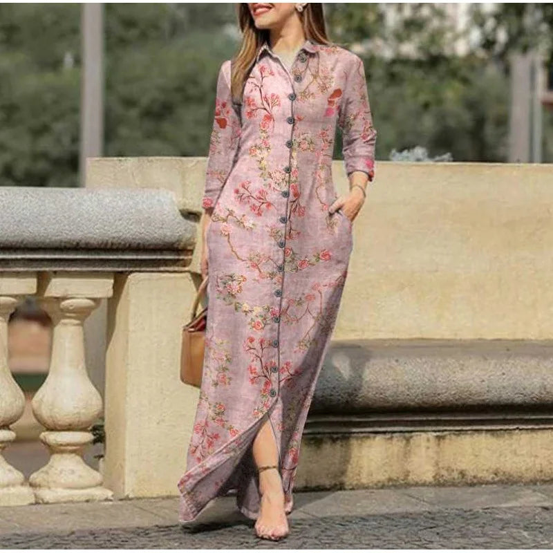 Vintage Floral Maxi Shirt Dress with Pockets - Autumn Style - Image 13