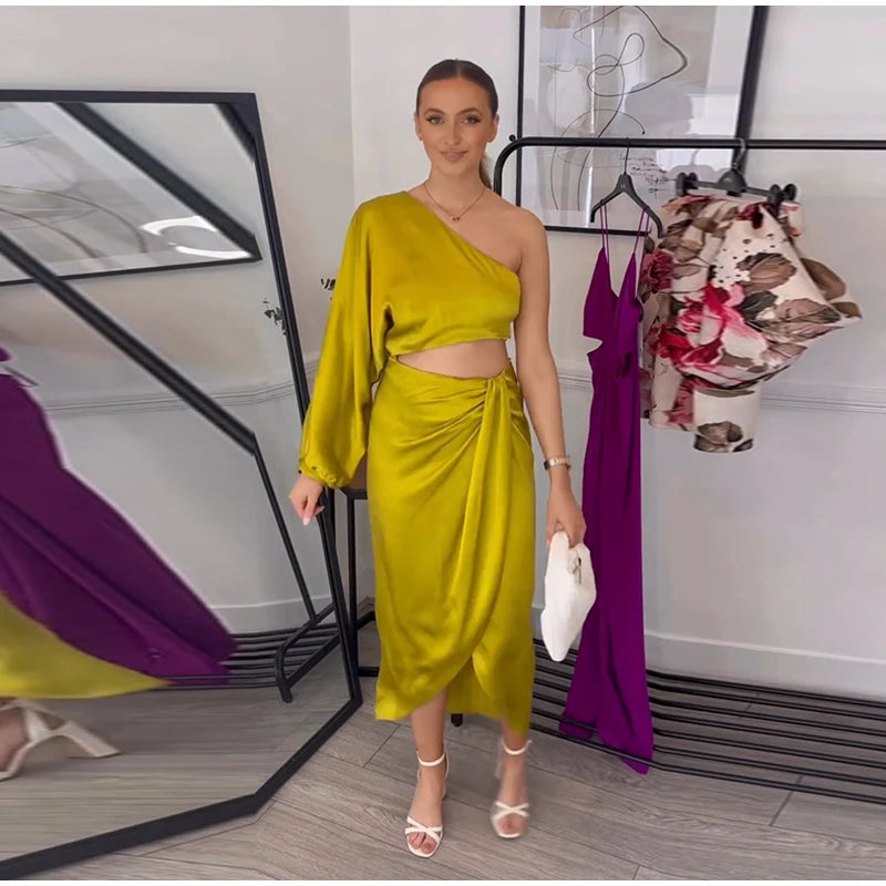 One Shoulder Asymmetrical Satin Long Dress for Women - Image 25