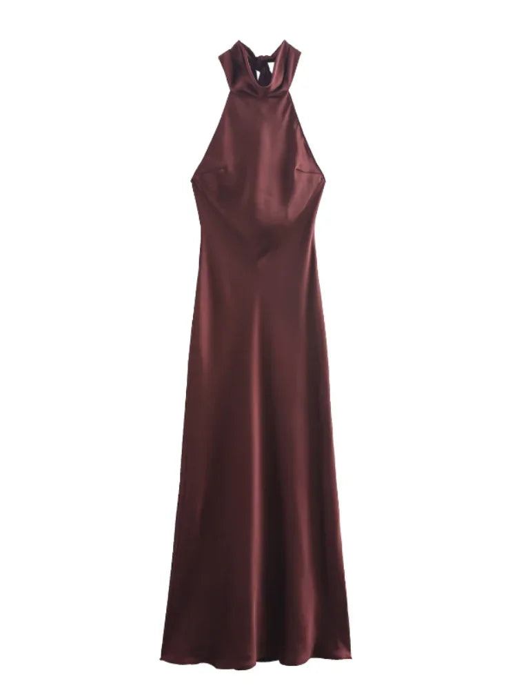 Elegant Brown Halter Lace-Up Backless Bodycon Dress - Image 5