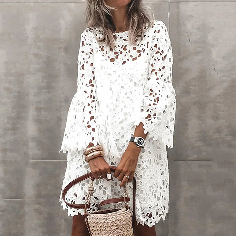 Elegant Long Sleeve Lace Dress with Floral Hollow Details - Image 6