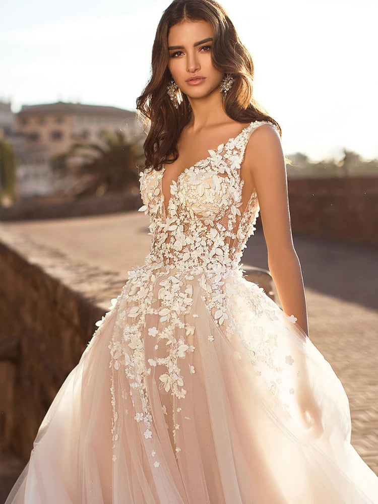 Elegant Sleeveless Deep V-Neck Lace Wedding Dress - Image 3