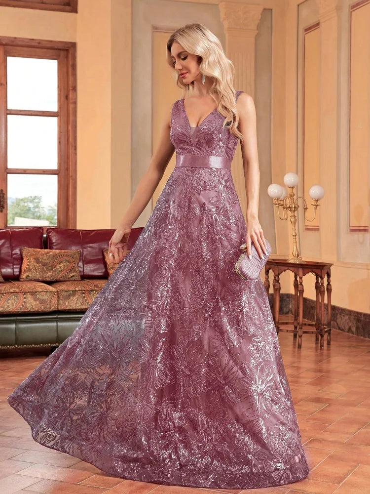Elegant Deep V-Neck Sequined Blue Evening Dress for Events - Image 42