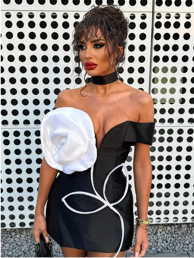 Elegant Off-Shoulder White Floral Black Mini Bodycon Dress - Image 4