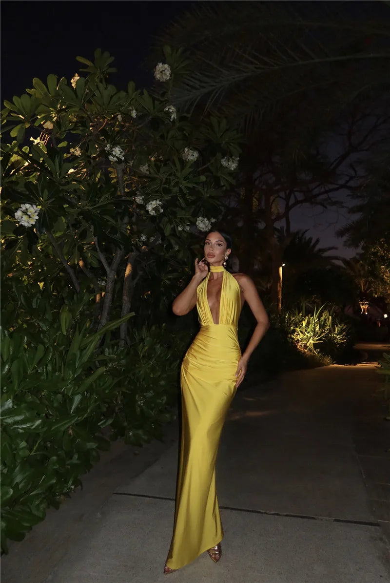 Elegant Yellow High Slit Backless Maxi Dress for Summer - Image 26
