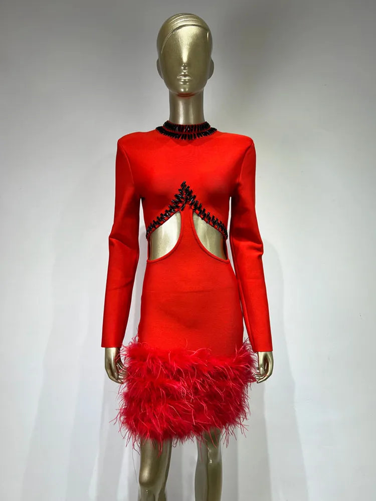 Elegant Red Mini Dress with Beading and Feathers - Image 9